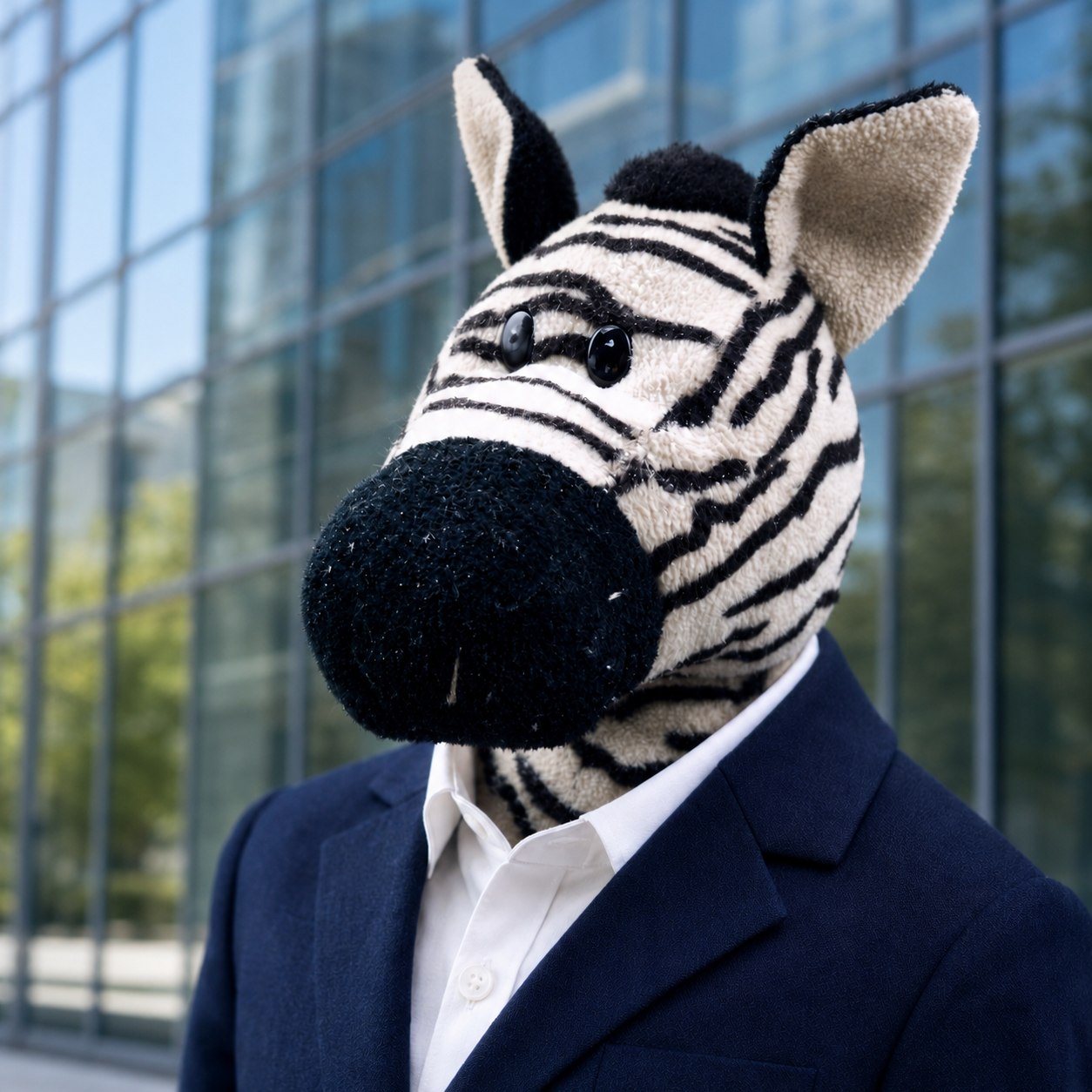 Jeffery Zebra, a stuffed zebra in a navy suit jacket